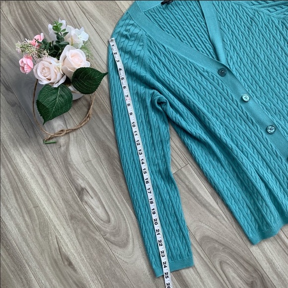 Talbots Light Teal Cable Knit V-Neck Cardigan - Picture 6 of 9